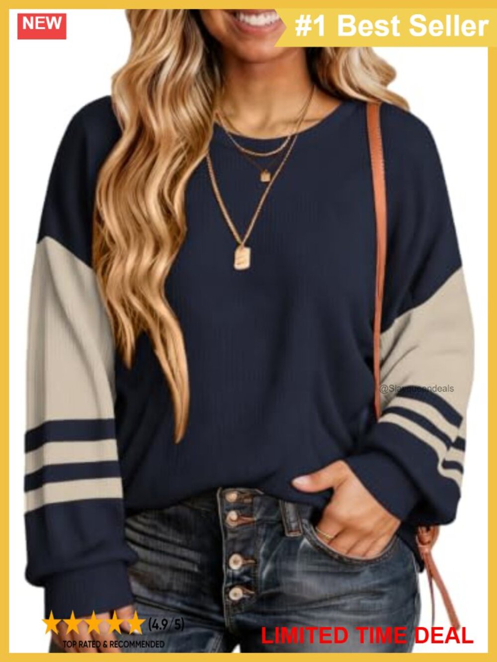 Plus Size Ribbed Knit Color Block Striped Long Sleeve Crew Neck Pullover